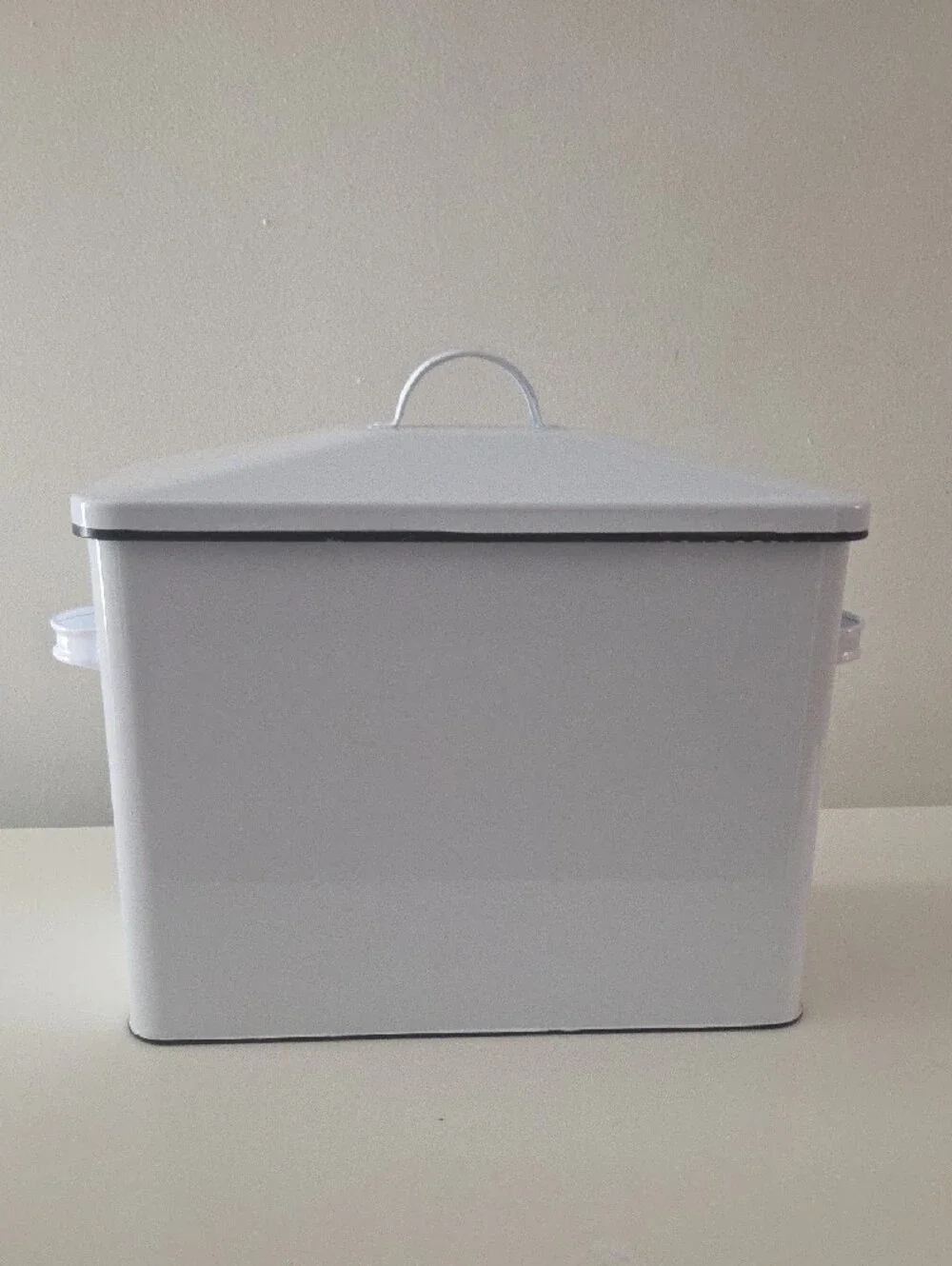 White Metal Bread Bin Box, Rectangular Solid, Lid w/ Handle